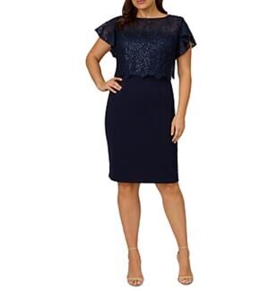 Adrianna Papell Blue Cocktail Dress Sequined Lace Short Sleeve Sheath Size 14W